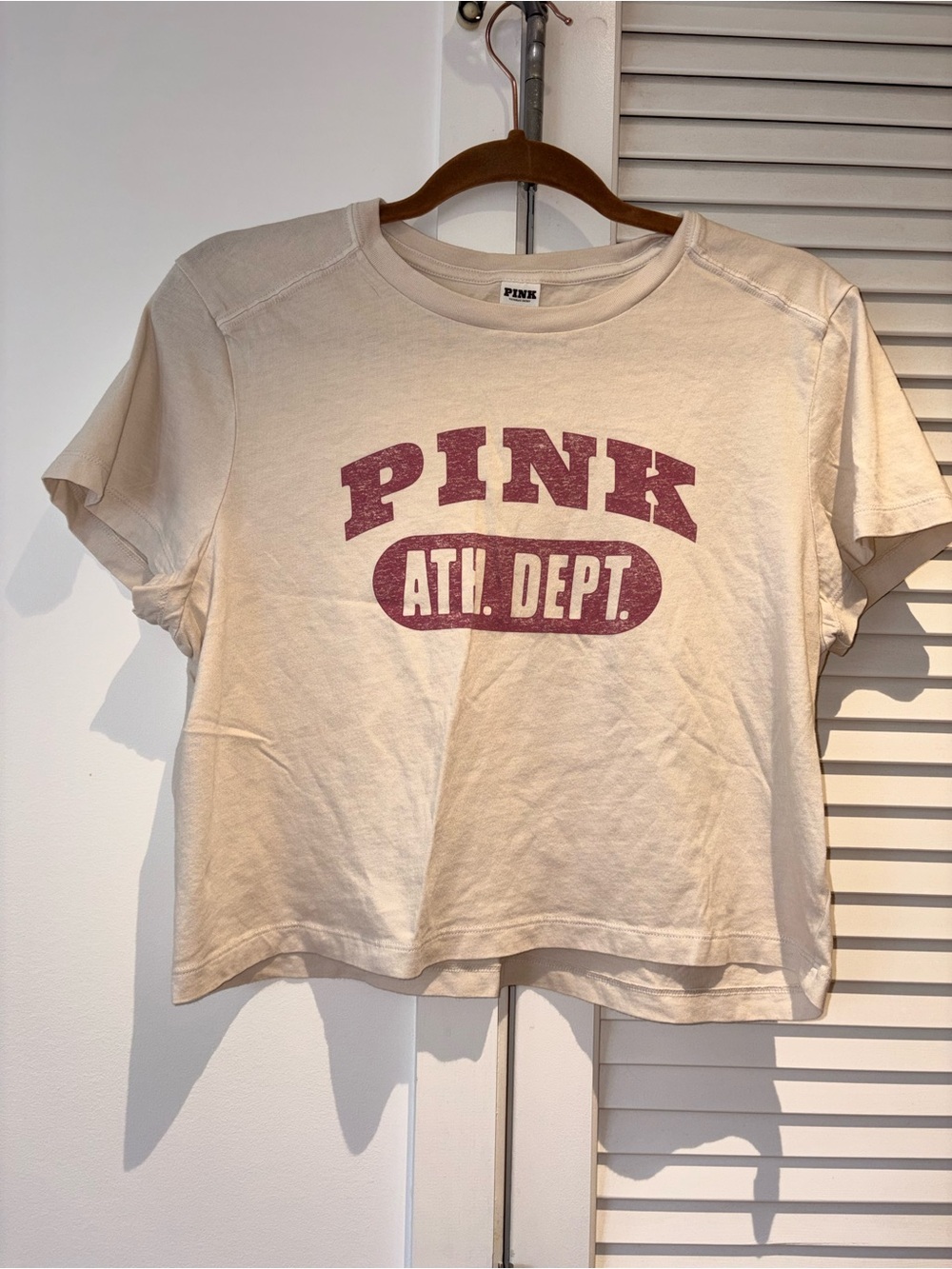 PINK Victoria's Secret Cream Short Sleeve Graphic Tee with Pink Print